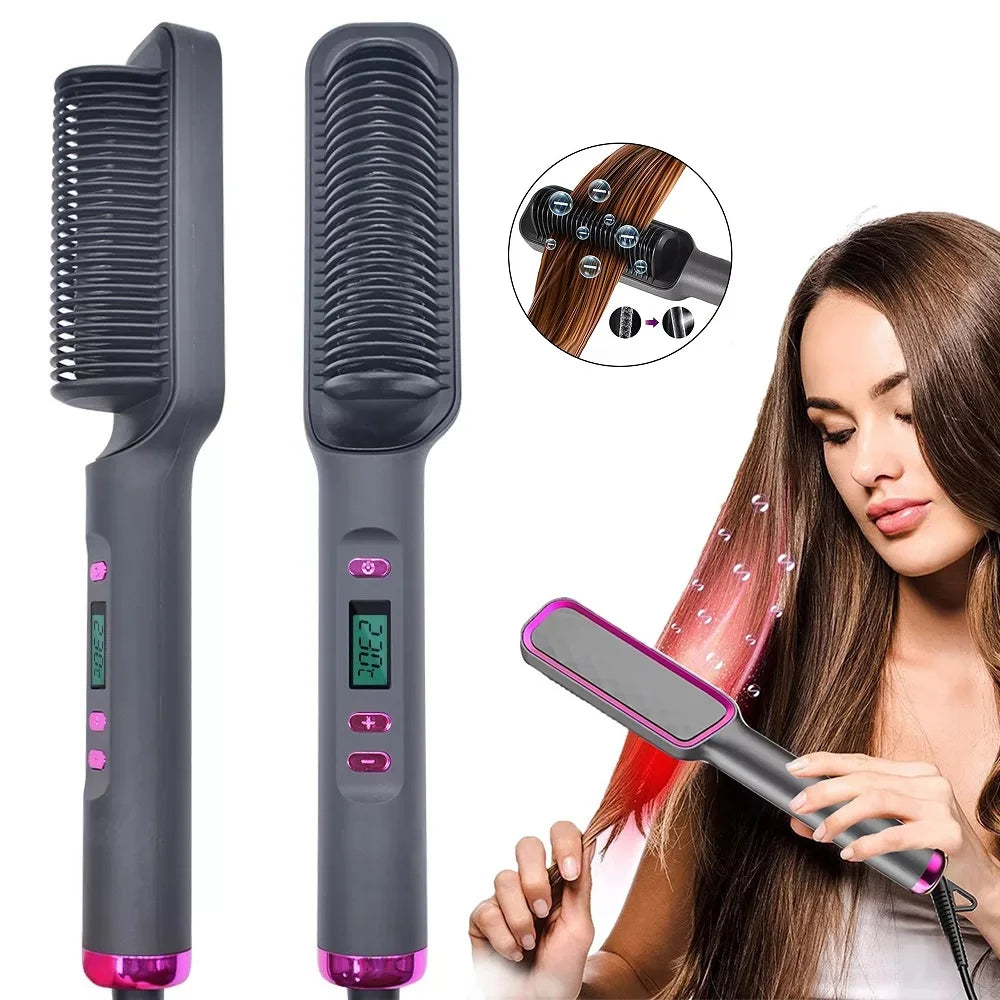 Professional Hair Straightener Brush - LED Display, Anti-Scald Design, 80-220°C Temperature Control