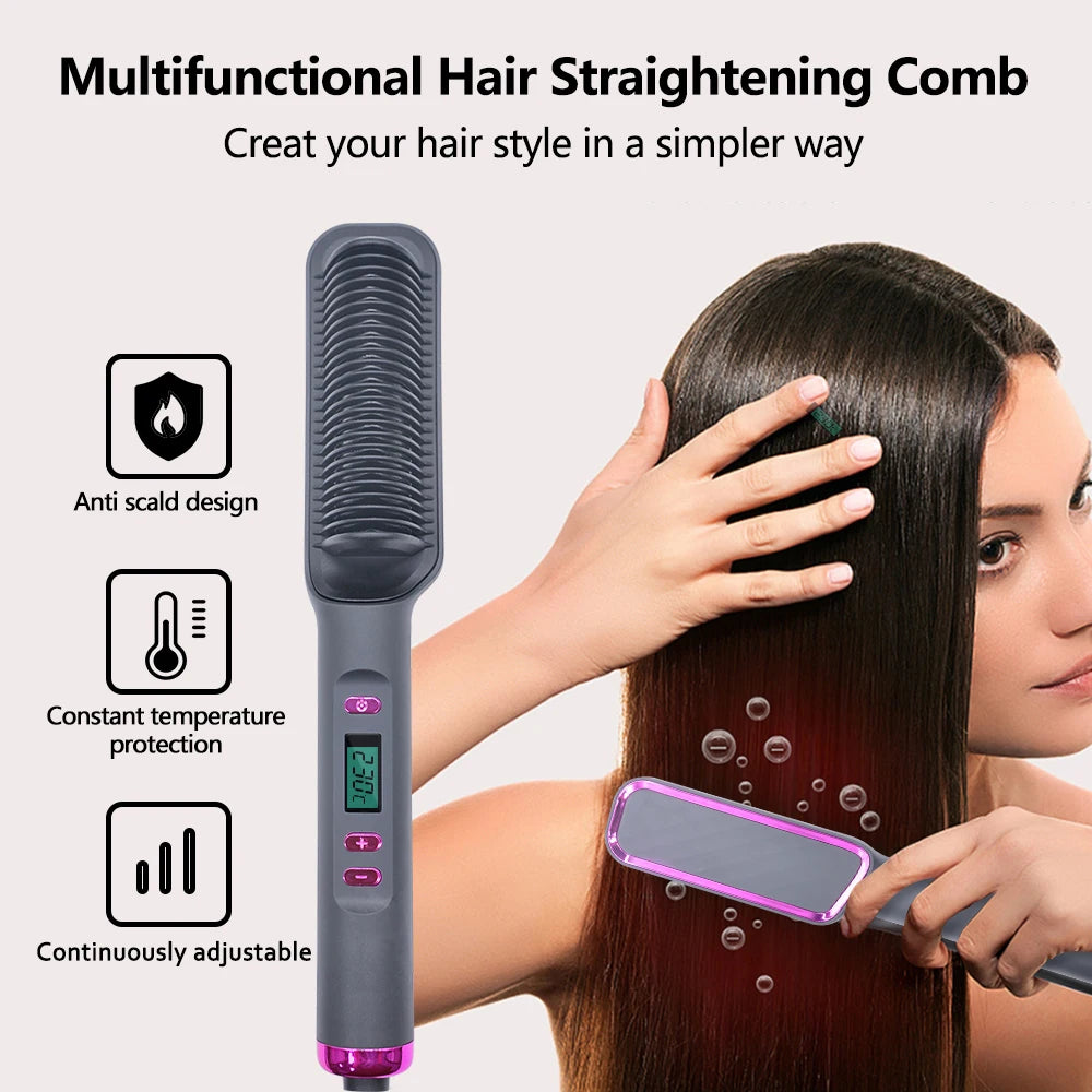 Professional Hair Straightener Brush - LED Display, Anti-Scald Design, 80-220°C Temperature Control