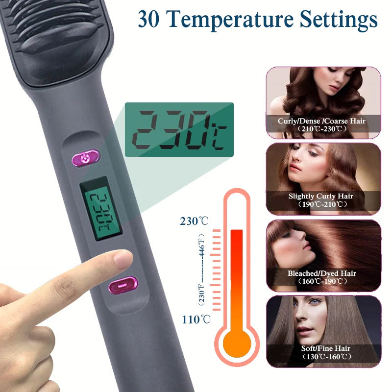 Professional Hair Straightener Brush - LED Display, Anti-Scald Design, 80-220°C Temperature Control