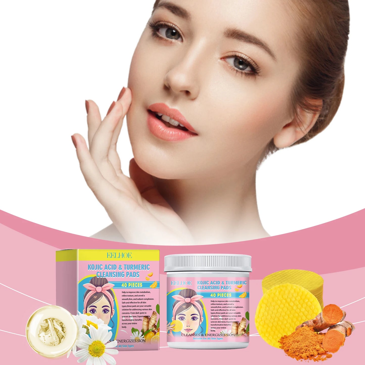 40pcs Turmeric Kojic Acid Facial Cleansing Pads Exfoliating Cleaning Remover Pores Dirt Moisturizing Daily Face Clean Skin Care