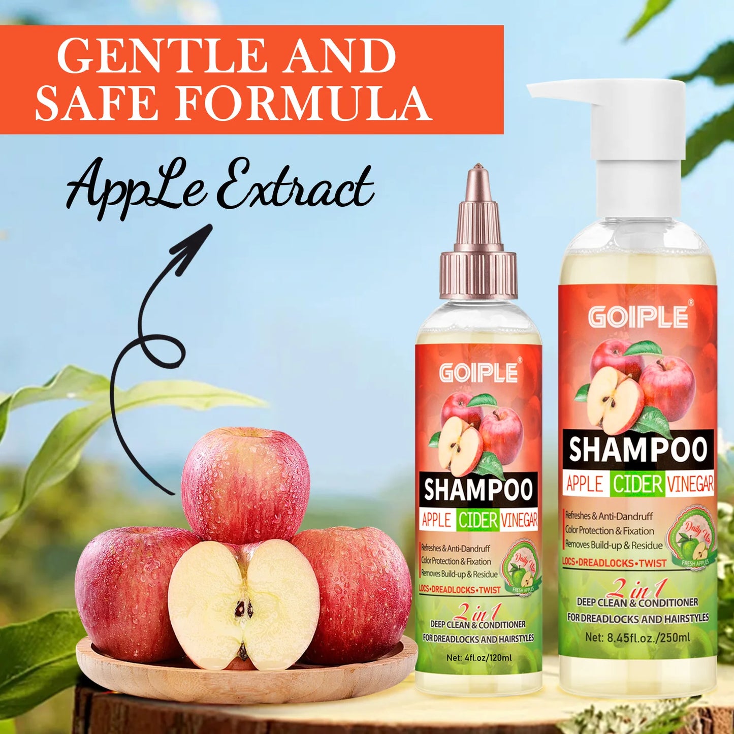 GOIPLE 2 in 1 Apple Cider Vinegar Shampoo Conditioner Refreshes Anti-Dandruff Hair Deep Clean Scalp for Locs Dreadlocks Twist