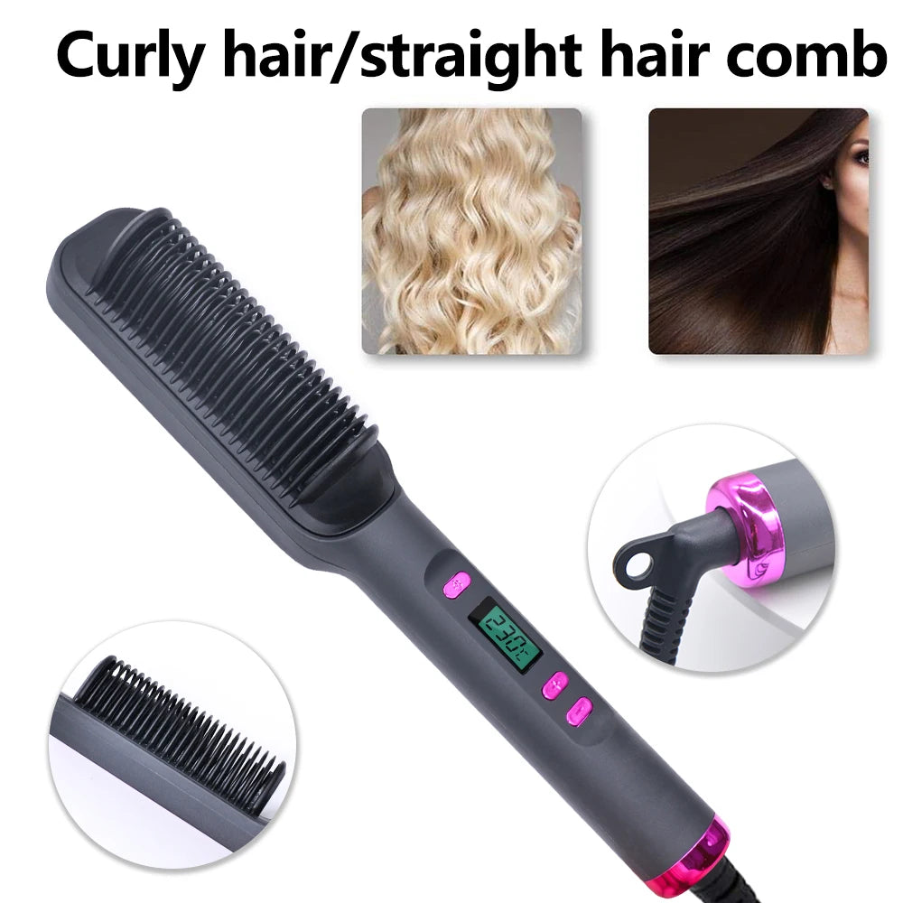 Professional Hair Straightener Brush - LED Display, Anti-Scald Design, 80-220°C Temperature Control