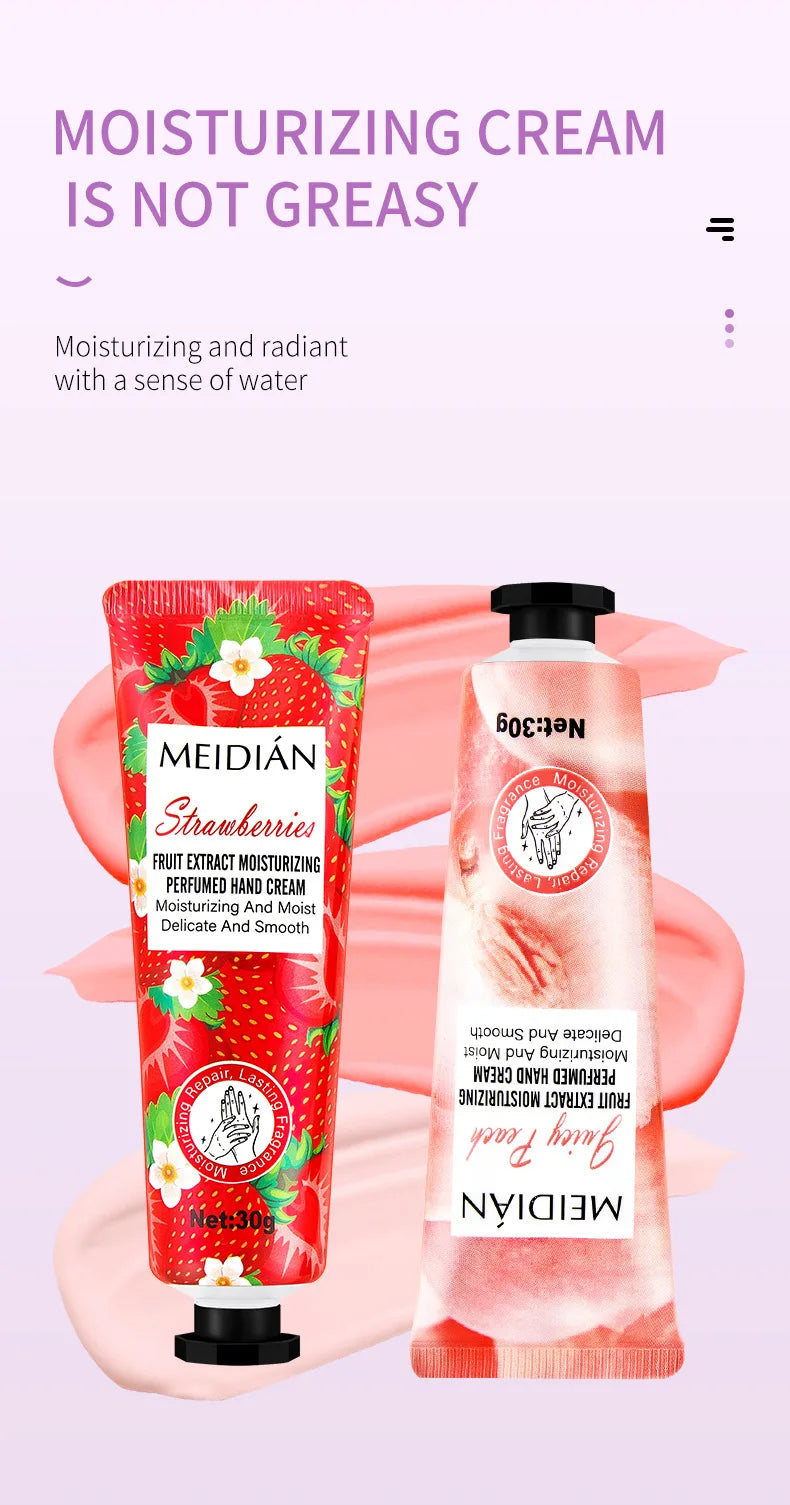 Five piece fruit scented hand cream for moisturizing and long-lasting fragrance retention. Hand care mask cream