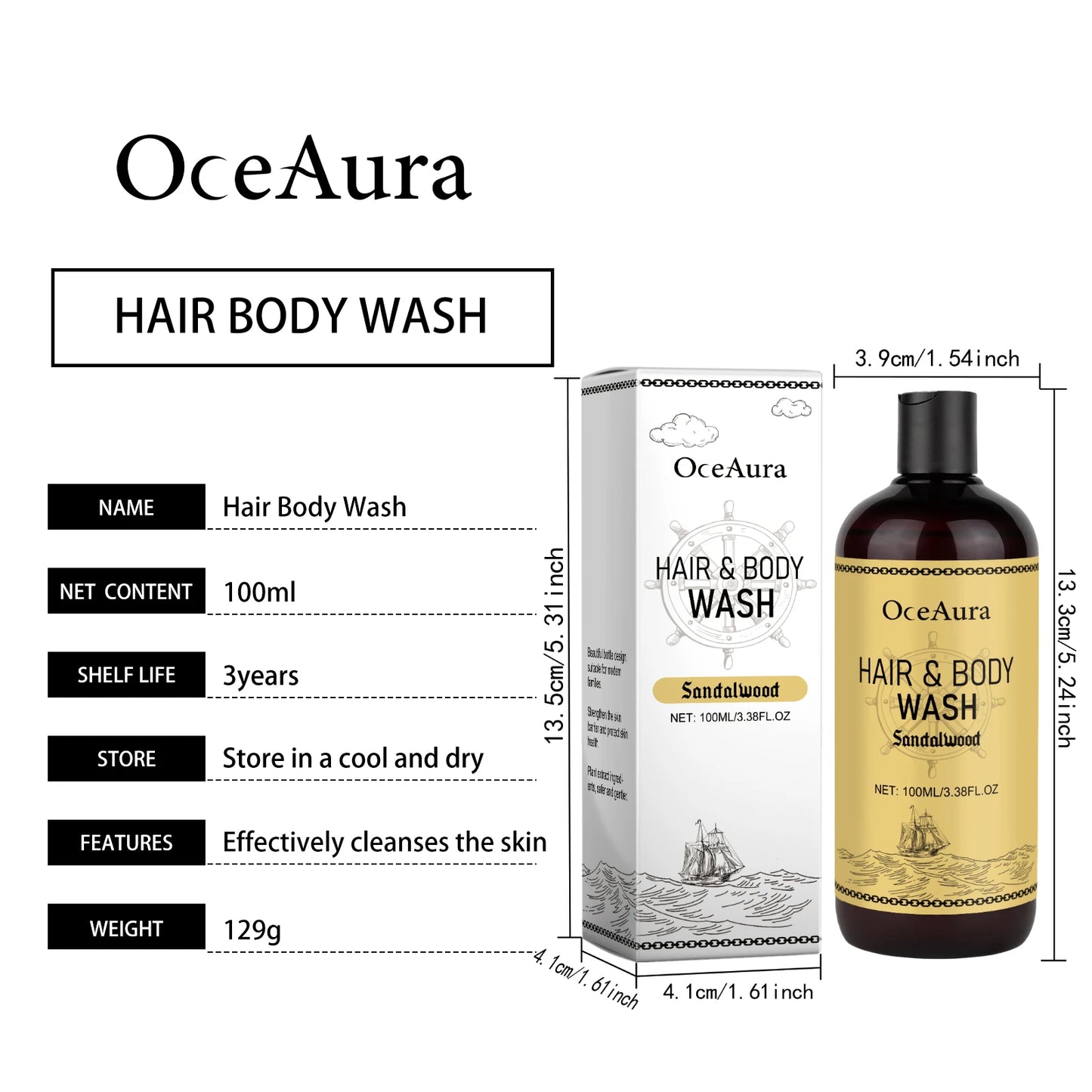 OceAura 2-in-1 Shampoo & Body Wash for Men - Moisturizing Body Wash, Skin & Scalp Cleanser, Hair Shampoo
