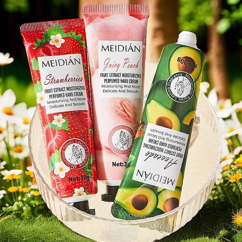 Five piece fruit scented hand cream for moisturizing and long-lasting fragrance retention. Hand care mask cream