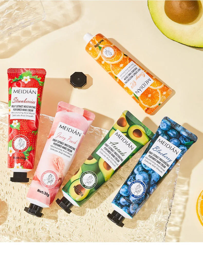 Five piece fruit scented hand cream for moisturizing and long-lasting fragrance retention. Hand care mask cream